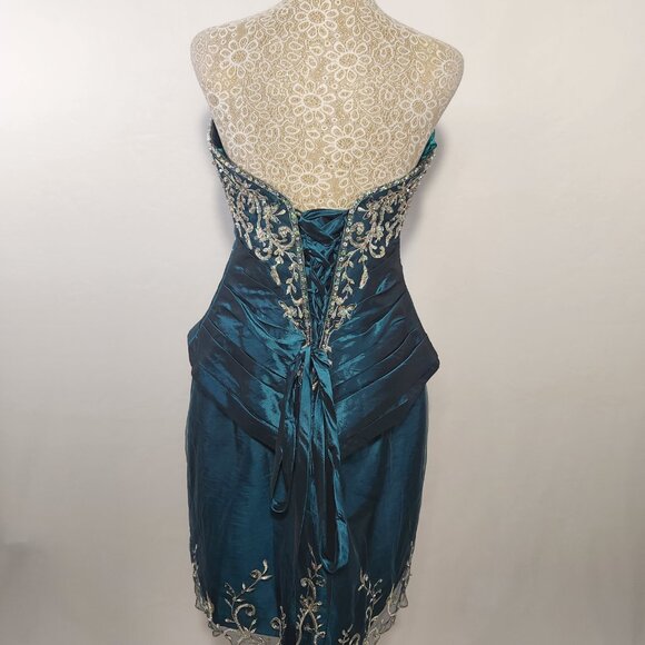 Allure Women's Size 14 Teal Strapless A-Line Appliques Taffeta Prom Dress Formal - Picture 9 of 14